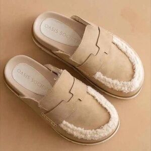 Society Beige Shearling-Trim Slip-On Loafers